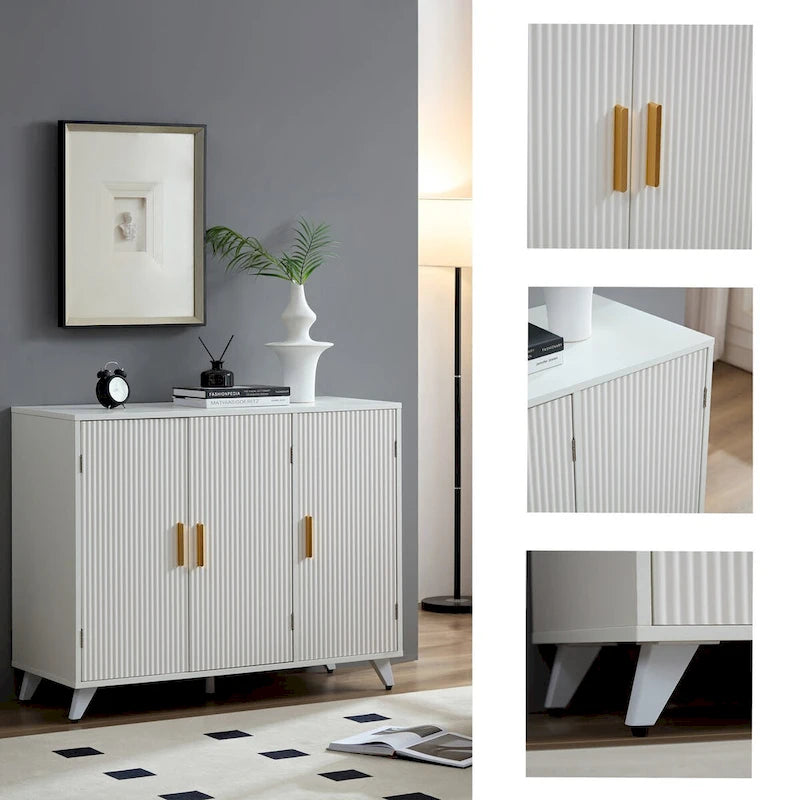 Meuble d'appoint avec texture ondulée, buffet, armoire d'appoint blanche avec porte, bibliothèque moderne pour cuisine, salon, entrée