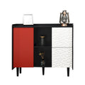 Buffet Bahut, Meuble de rangement noir avec portes rouges, 2 tiroirs avec panneaux décoratifs uniques et 2 compartiments de rangement ouverts