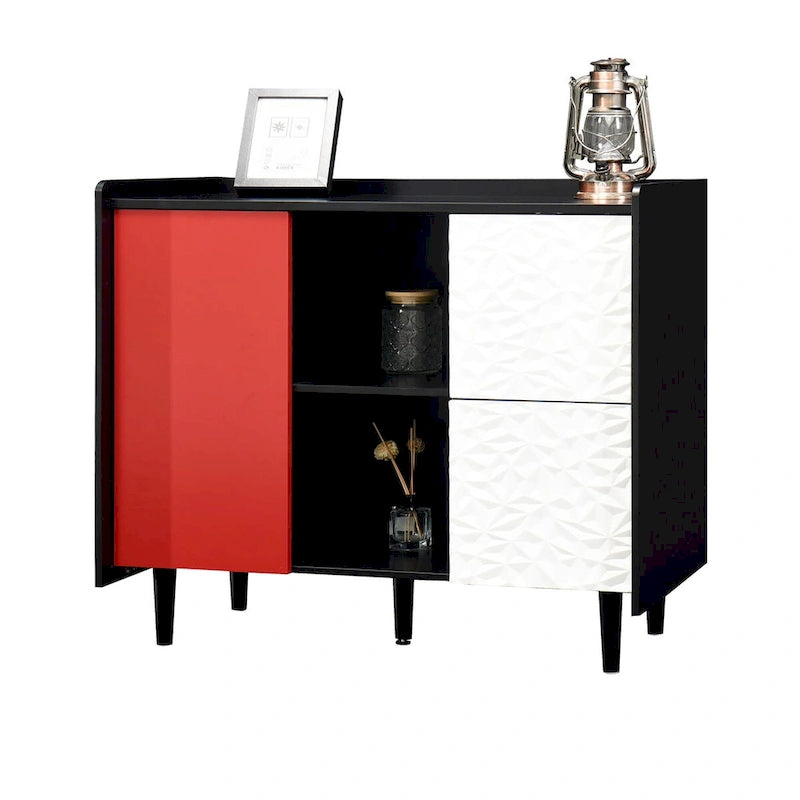 Buffet Bahut, Meuble de rangement noir avec portes rouges, 2 tiroirs avec panneaux décoratifs uniques et 2 compartiments de rangement ouverts