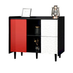 Buffet Bahut, Meuble de rangement noir avec portes rouges, 2 tiroirs avec panneaux décoratifs uniques et 2 compartiments de rangement ouverts
