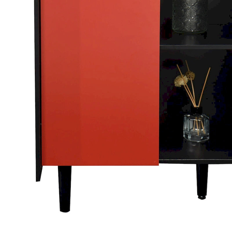 Buffet Bahut, Meuble de rangement noir avec portes rouges, 2 tiroirs avec panneaux décoratifs uniques et 2 compartiments de rangement ouverts