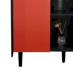 Buffet Bahut, Meuble de rangement noir avec portes rouges, 2 tiroirs avec panneaux décoratifs uniques et 2 compartiments de rangement ouverts