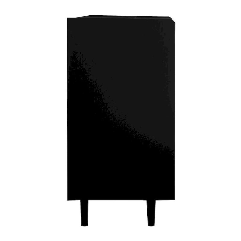 Buffet Bahut, Meuble de rangement noir avec portes rouges, 2 tiroirs avec panneaux décoratifs uniques et 2 compartiments de rangement ouverts