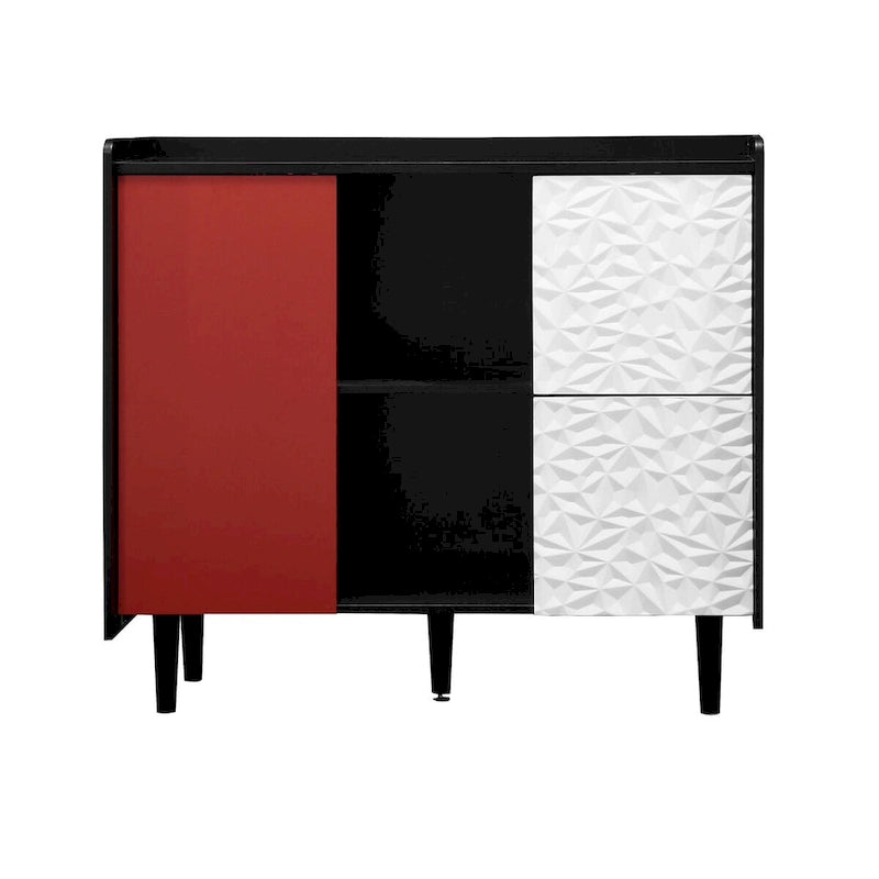 Buffet Bahut, Meuble de rangement noir avec portes rouges, 2 tiroirs avec panneaux décoratifs uniques et 2 compartiments de rangement ouverts