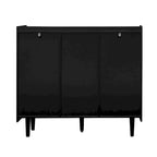 Buffet Bahut, Meuble de rangement noir avec portes rouges, 2 tiroirs avec panneaux décoratifs uniques et 2 compartiments de rangement ouverts