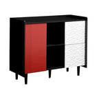 Buffet Bahut, Meuble de rangement noir avec portes rouges, 2 tiroirs avec panneaux décoratifs uniques et 2 compartiments de rangement ouverts