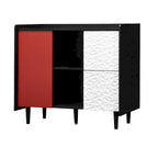 Buffet Bahut, Meuble de rangement noir avec portes rouges, 2 tiroirs avec panneaux décoratifs uniques et 2 compartiments de rangement ouverts