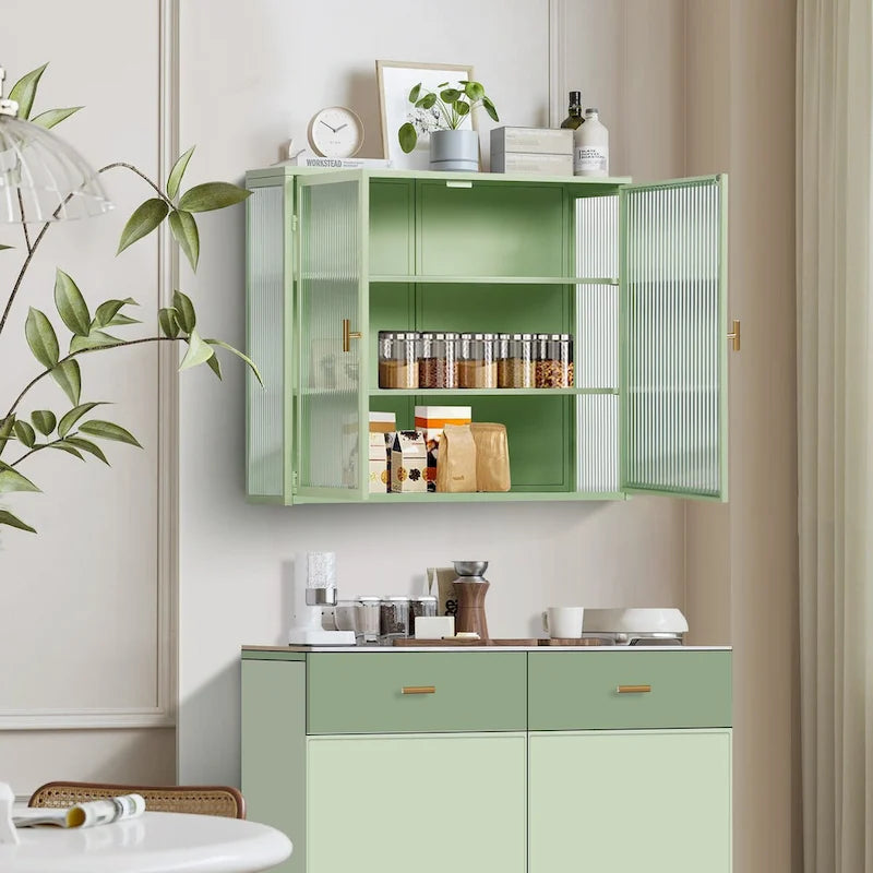 27.56Portes vitrées Armoire murale moderne à deux portes avec trois niveaux de rangement pour entrée, salon, salle de bain, salle à manger