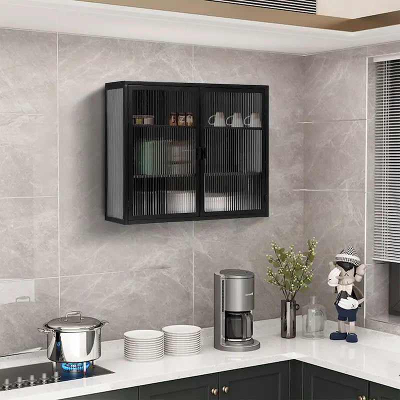 27.56Portes vitrées Armoire murale moderne à deux portes avec trois niveaux de rangement pour entrée, salon, salle de bain, salle à manger