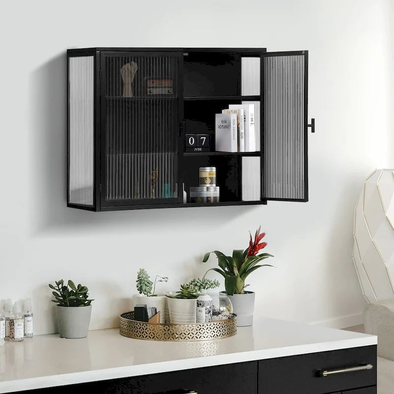 27.56Portes vitrées Armoire murale moderne à deux portes avec trois niveaux de rangement pour entrée, salon, salle de bain, salle à manger