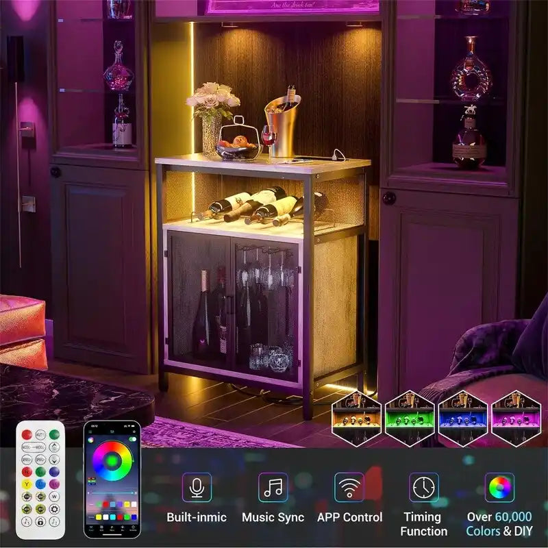 Meuble Bar à Vin avec Lumière RGB et Prise Électrique - 23.6P x 13.6L x 31H