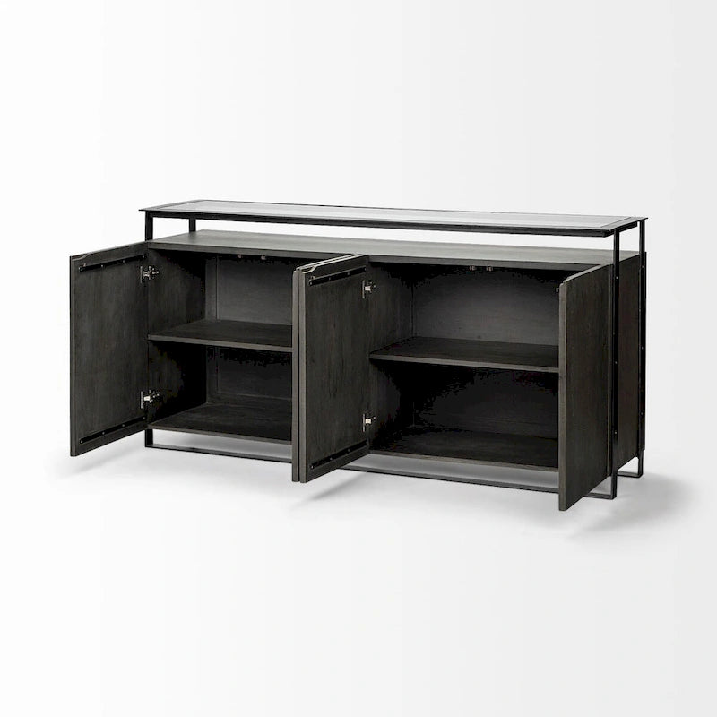 Vidro III buffet en verre avec 4 portes en bois massif et cadre en métal - 72,0 long. x 18,0 larg. x 35,8 haut.