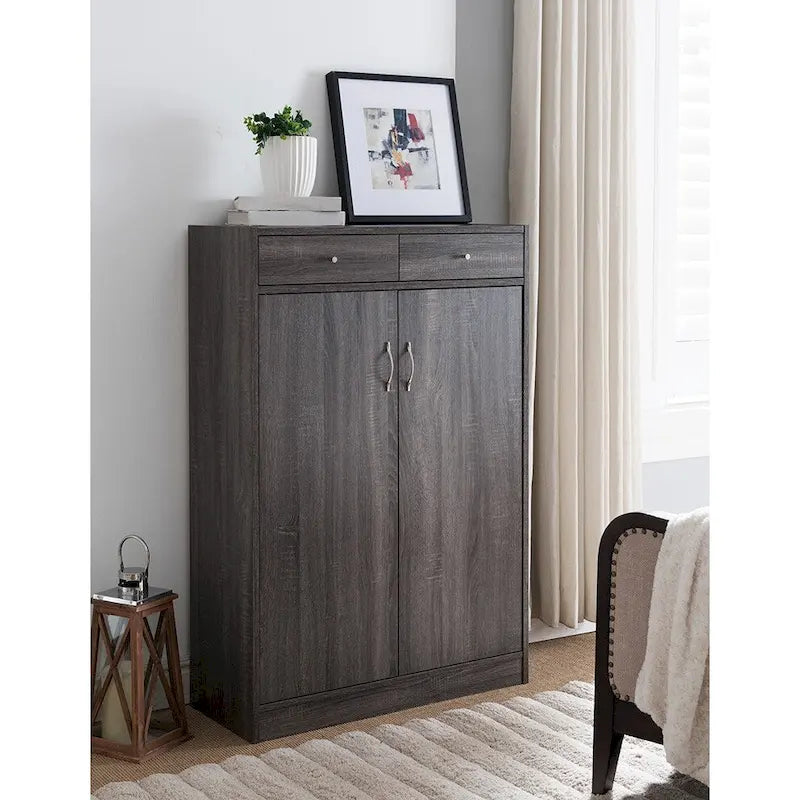 Meuble à Chaussures, Meuble de Rangement à Deux Portes avec Deux Tiroirs, convient pour 15 Paires de Chaussures - Gris Vieilli