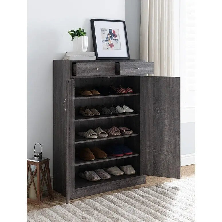 Meuble à Chaussures, Meuble de Rangement à Deux Portes avec Deux Tiroirs, convient pour 15 Paires de Chaussures - Gris Vieilli