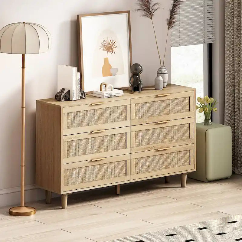Commode de rangement 6 tiroirs en rotin - 51.18L x 15.75l x 29.53H