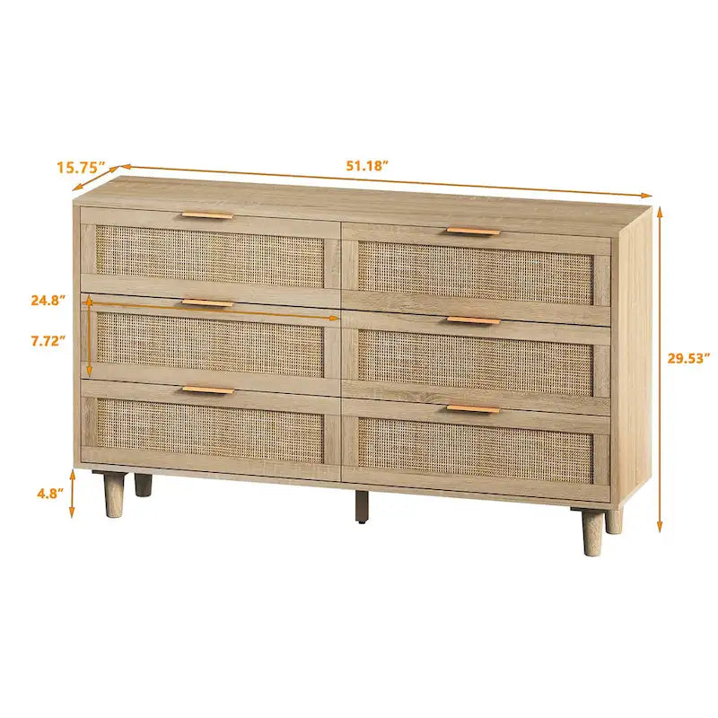 Commode de rangement 6 tiroirs en rotin - 51.18L x 15.75l x 29.53H