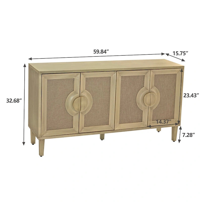 59.84 Élégant buffet vintage à 4 portes avec portes décorées de lin