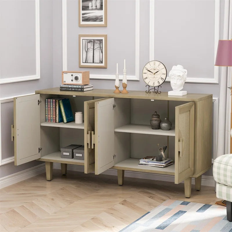 59.84 Élégant buffet vintage à 4 portes avec portes décorées de lin