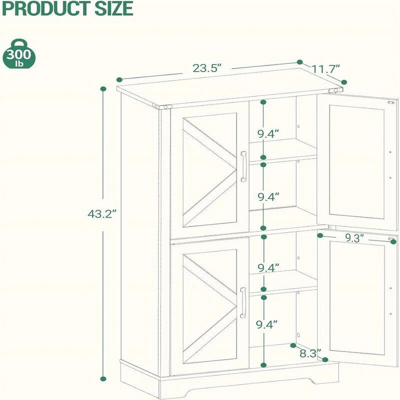 Armoire autonome à 4 portes, 2 étagères réglables - 30P x 60L x 110H cm