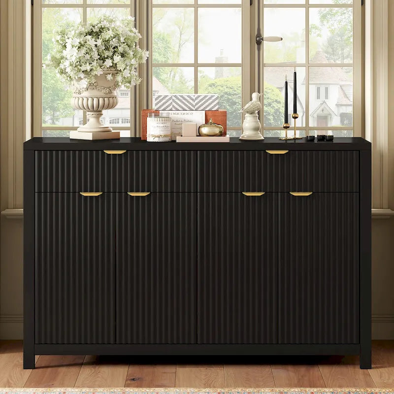 Meuble de Rangement Buffet Table de Canapé 55" au Design Vague Moderne avec 2 Tiroirs et 4 Portes, Étagères Réglables sur 3 Niveaux