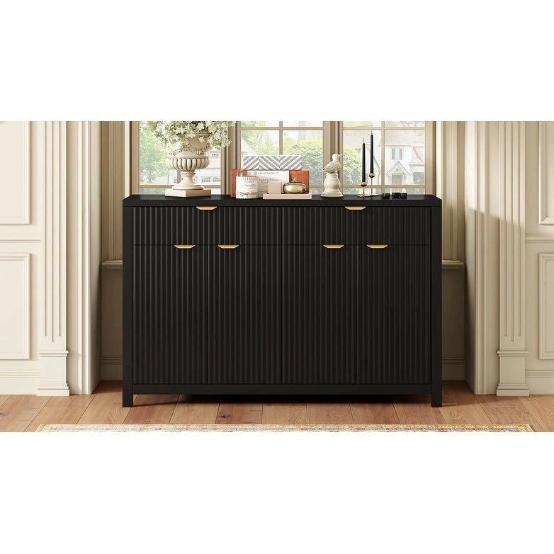Meuble de Rangement Buffet Table de Canapé 55" au Design Vague Moderne avec 2 Tiroirs et 4 Portes, Étagères Réglables sur 3 Niveaux