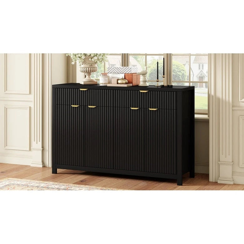 Meuble de Rangement Buffet Table de Canapé 55" au Design Vague Moderne avec 2 Tiroirs et 4 Portes, Étagères Réglables sur 3 Niveaux