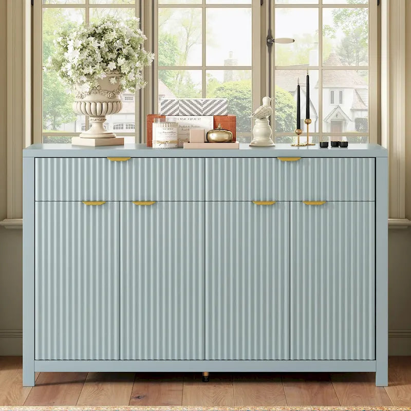 Meuble de Rangement Buffet Table de Canapé 55" au Design Vague Moderne avec 2 Tiroirs et 4 Portes, Étagères Réglables sur 3 Niveaux