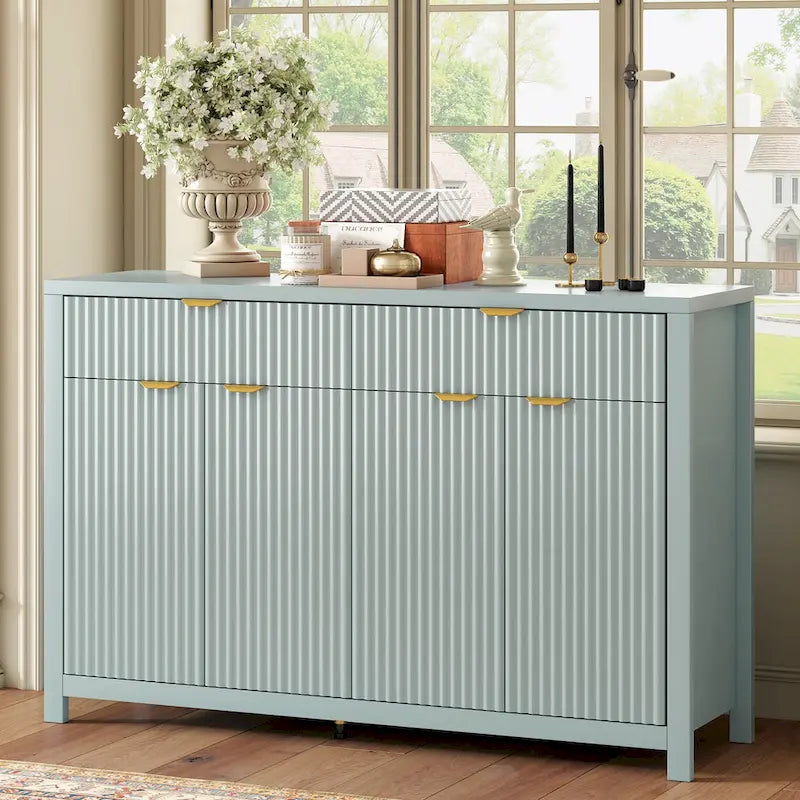 Meuble de Rangement Buffet Table de Canapé 55" au Design Vague Moderne avec 2 Tiroirs et 4 Portes, Étagères Réglables sur 3 Niveaux