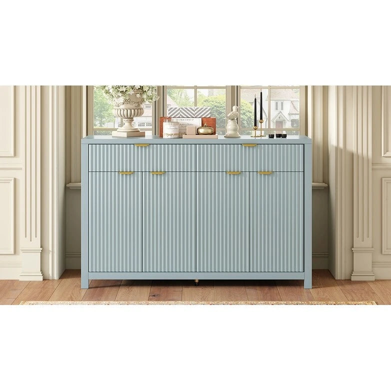 Meuble de Rangement Buffet Table de Canapé 55" au Design Vague Moderne avec 2 Tiroirs et 4 Portes, Étagères Réglables sur 3 Niveaux