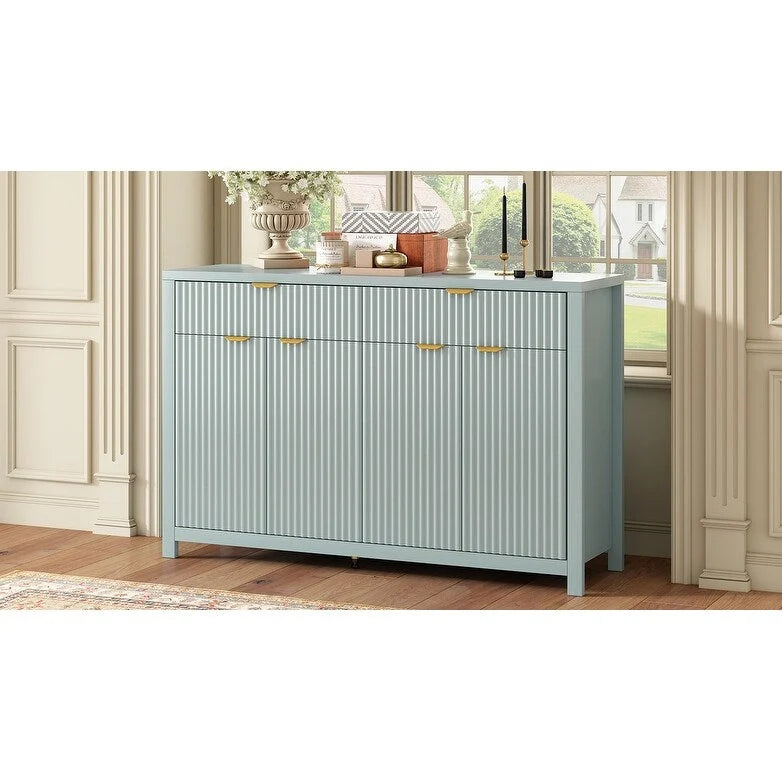 Meuble de Rangement Buffet Table de Canapé 55" au Design Vague Moderne avec 2 Tiroirs et 4 Portes, Étagères Réglables sur 3 Niveaux
