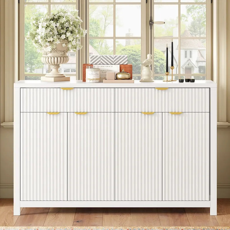 Meuble de Rangement Buffet Table de Canapé 55" au Design Vague Moderne avec 2 Tiroirs et 4 Portes, Étagères Réglables sur 3 Niveaux