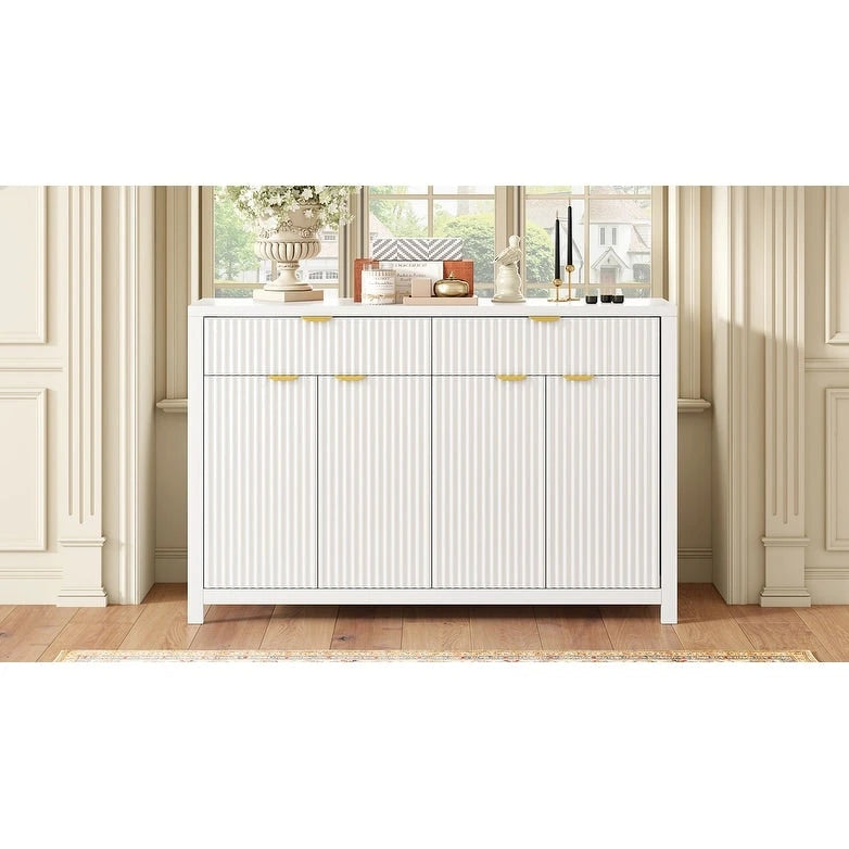 Meuble de Rangement Buffet Table de Canapé 55" au Design Vague Moderne avec 2 Tiroirs et 4 Portes, Étagères Réglables sur 3 Niveaux