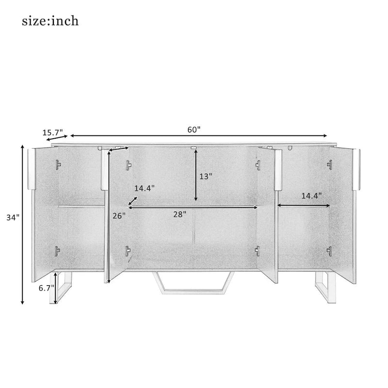 Buffet de cuisine avec 4 portes, poignées Meta, pieds et étagères réglables - 60L x 15.7W x 34H