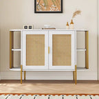 Meuble de salle à manger élégant à 2 portes incurvées avec garniture dorée et portes en rotin tressé pour salle à manger