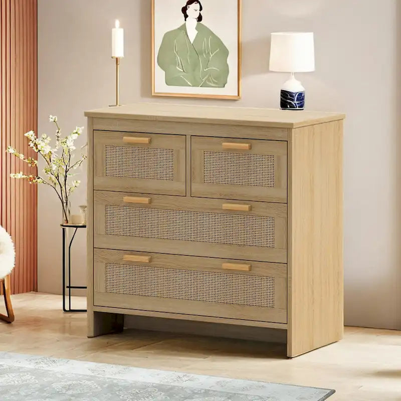 Meuble de rangement 4 tiroirs en rotin, pour chambre, salon, salle à manger, couloirs, montage facile