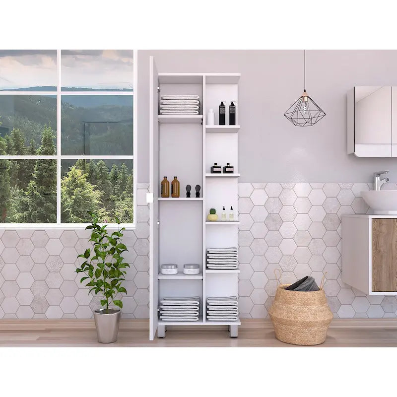 Meuble d'angle Womppi, cinq étagères ouvertes, une porte, finition blanche, haute qualité et durable
