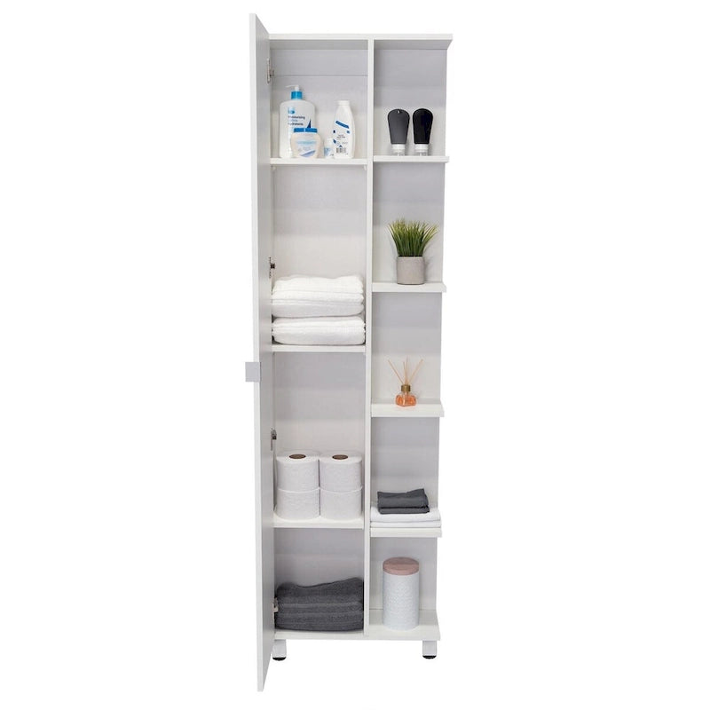 Meuble d'angle Womppi, cinq étagères ouvertes, une porte, finition blanche, haute qualité et durable