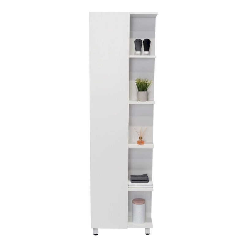 Meuble d'angle Womppi, cinq étagères ouvertes, une porte, finition blanche, haute qualité et durable