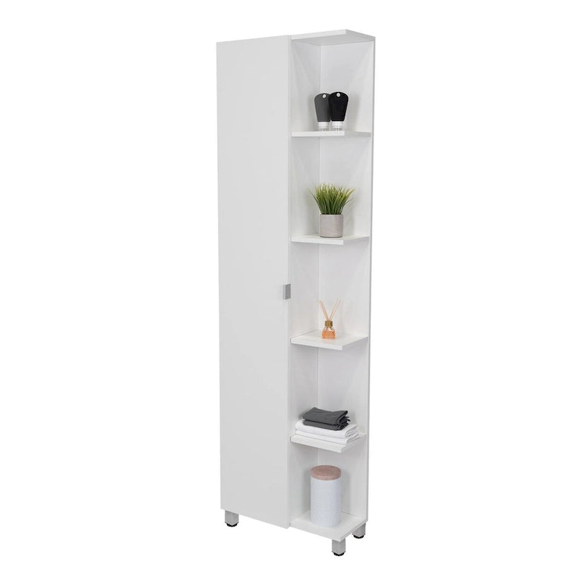 Meuble d'angle Womppi, cinq étagères ouvertes, une porte, finition blanche, haute qualité et durable