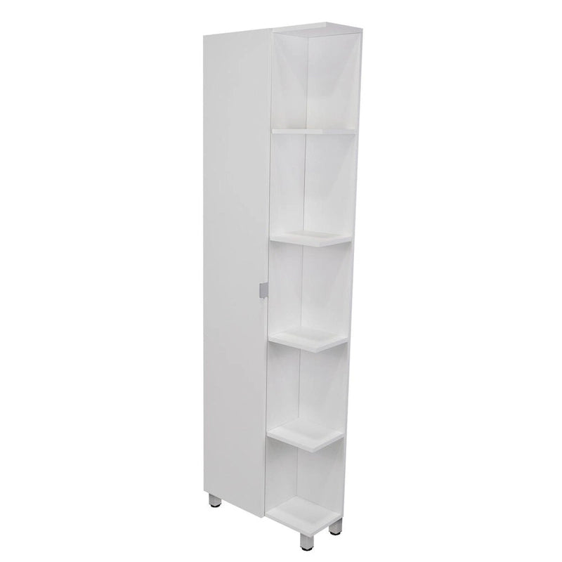 Meuble d'angle Womppi, cinq étagères ouvertes, une porte, finition blanche, haute qualité et durable