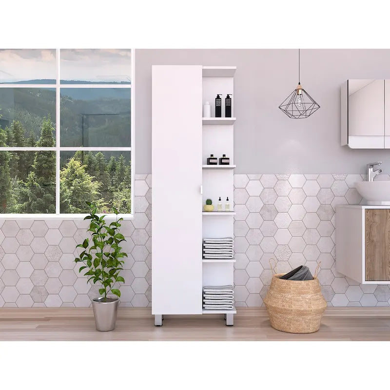 Meuble d'angle Womppi, cinq étagères ouvertes, une porte, finition blanche, haute qualité et durable