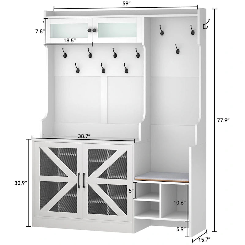 Moasis 77.9 Banc d'entrée avec patère Farmhouse Hall Tree - 59 L x 15.7 l x 77.9 H