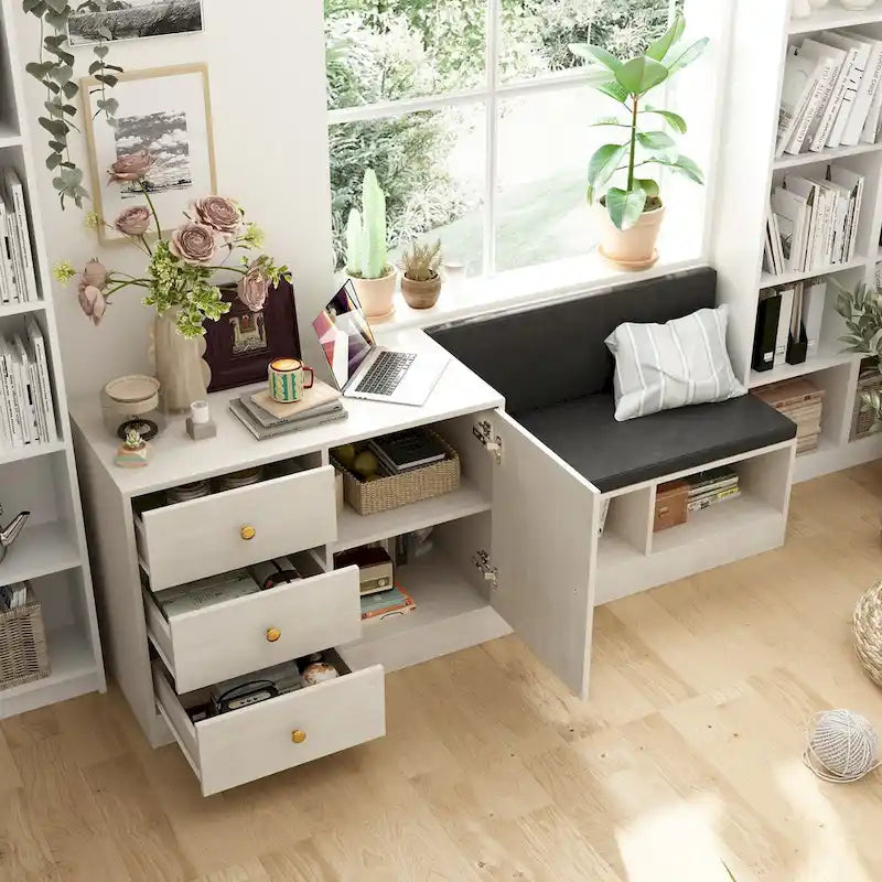 Banc de rangement pour chaussures moderne blanc avec coussin noir et étagère ajustable