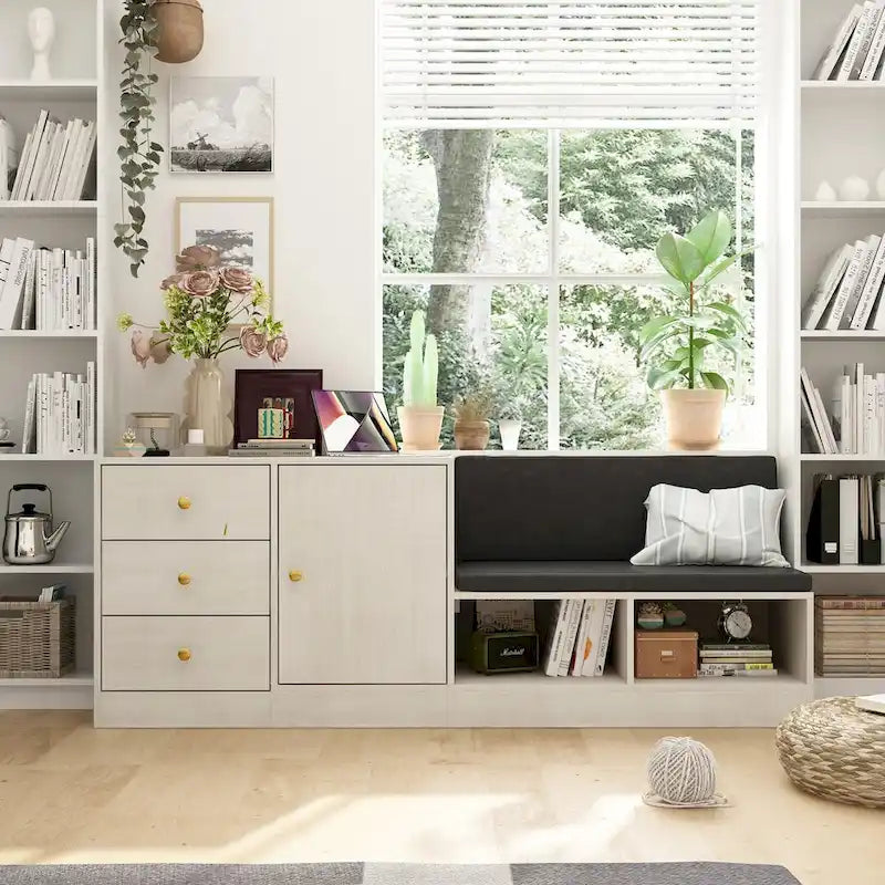 Banc de rangement pour chaussures moderne blanc avec coussin noir et étagère ajustable