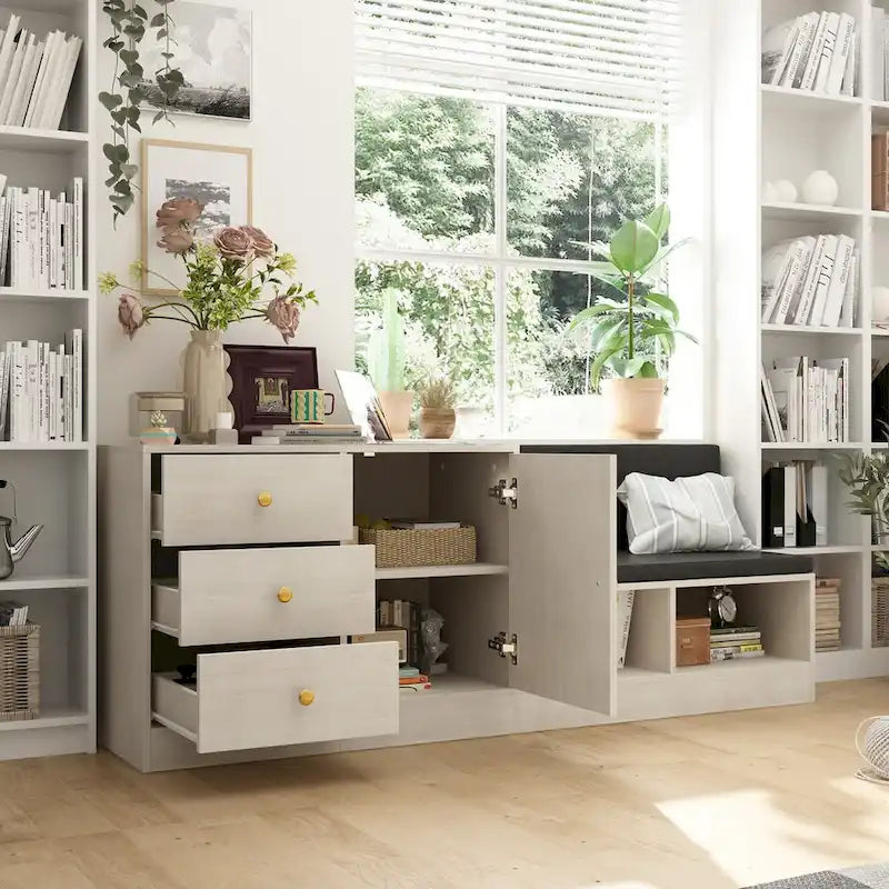 Banc de rangement pour chaussures moderne blanc avec coussin noir et étagère ajustable