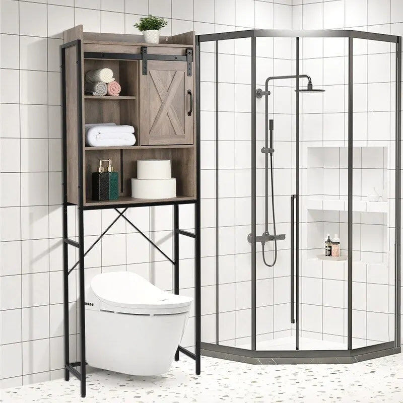 Meuble de salle de bain en MDF avec cadre en fer Triamine, porte coulissante et étagères à trois niveaux