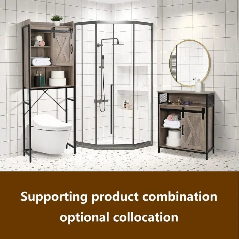 Meuble de salle de bain en MDF avec cadre en fer Triamine, porte coulissante et étagères à trois niveaux