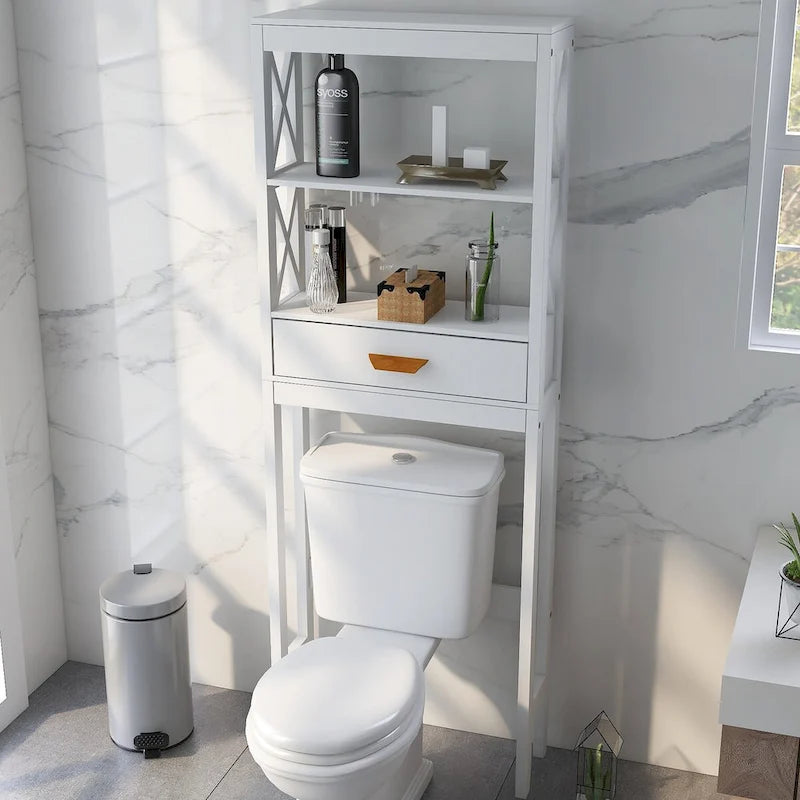 Meuble de rangement pour toilettes avec un tiroir et 2 étagères – Blanc