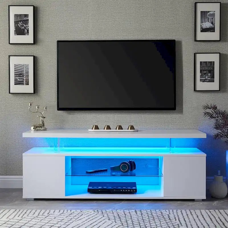 Console multimédia avec grand placard latéral pour salon - Blanc