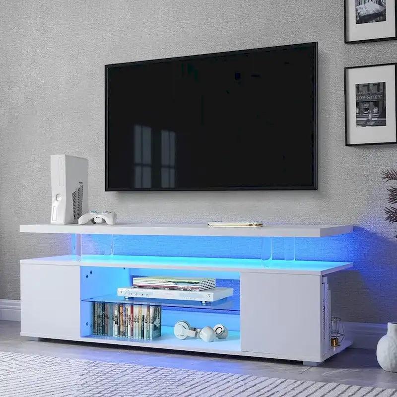 Console multimédia avec grand placard latéral pour salon - Blanc